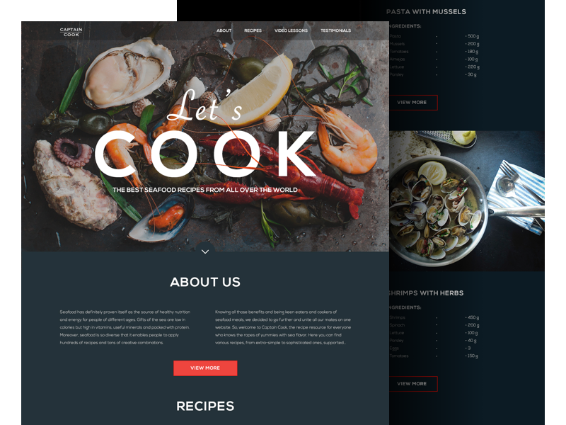 seafood recipe website landing tubik